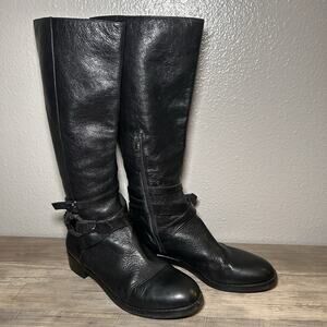Via Spiga Women 9M Black Gabrielle Tall Leather Boots Knee High Buckle Zip Italy